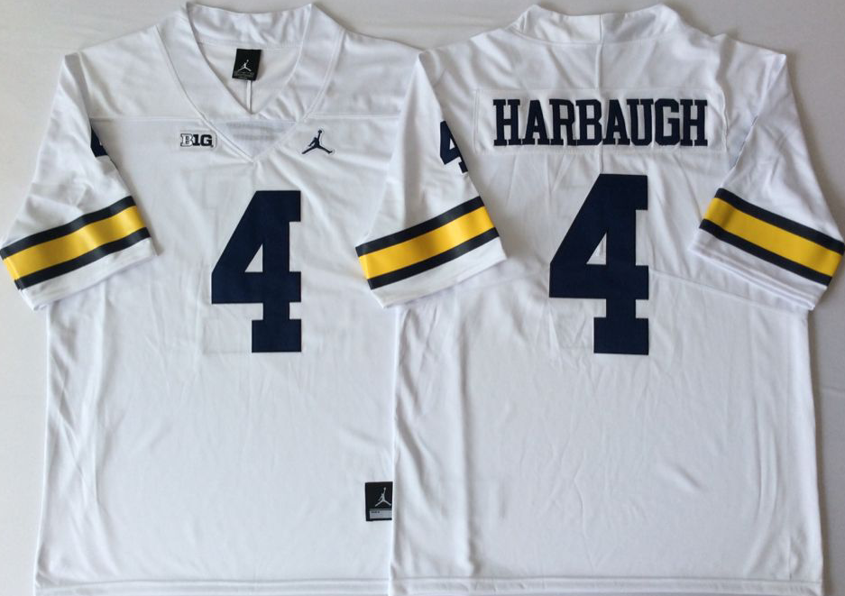 Men's Michigan Wolverines Jim Harbaugh #4 White Alumni Jersey